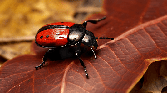微距摄影棕色干叶上的红黑甲虫