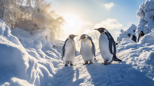 企鹅白天在积雪覆盖的地面上