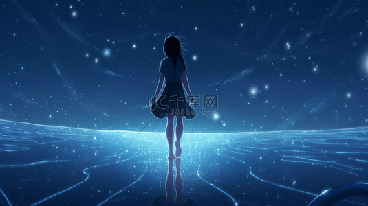 星空女孩背景图片_蓝色唯美星空下的女孩背景1