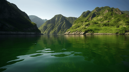 白天水体旁的绿色和棕色的山峰