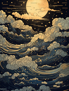 中国夜背景图片_月亮云嶷在夜空中的波浪中国风背景12