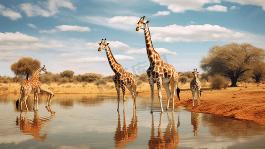 长颈鹿喝着池塘里的水