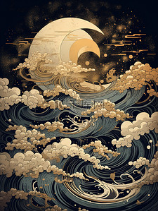 云波浪背景背景图片_月亮云嶷在夜空中的波浪中国风背景9