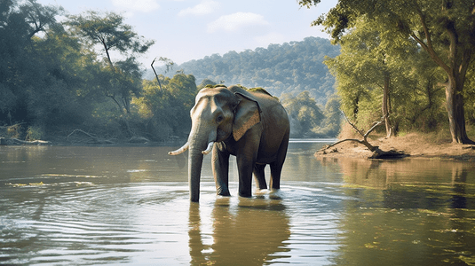 白天，大象在河里喝水