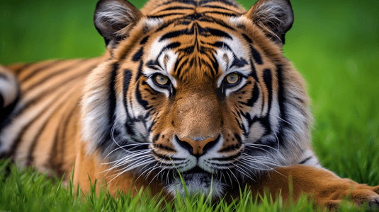 老虎白天躺在绿色的草地上的特写