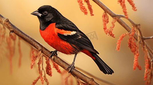 白天棕色树枝上的黑红相间的鸟