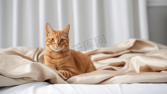 浅色摄影照片_躺在浅色毯子里的橙色猫猫4