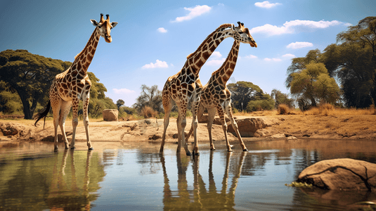 长颈鹿喝着池塘里的水