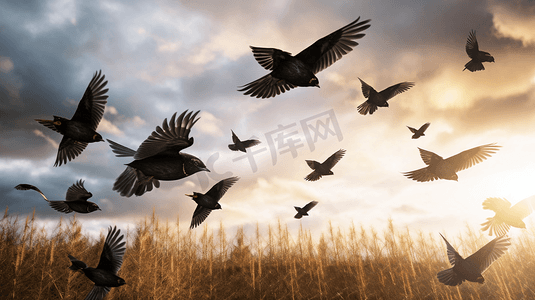 黑鸟在天空中飞翔