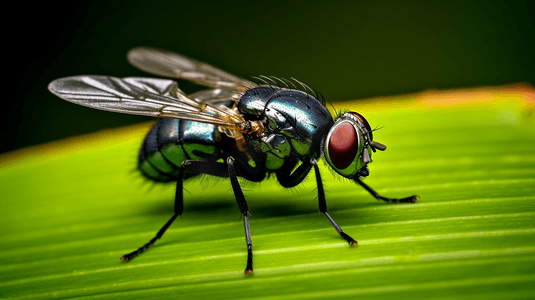 拟人苍蝇摄影照片_黑白相间的苍蝇栖息在绿叶上