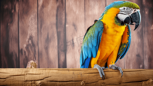 黄蓝相间的鹦鹉栖息在木头上