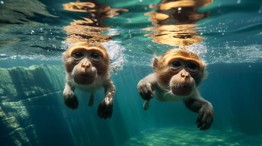 两只猴子在水里游泳