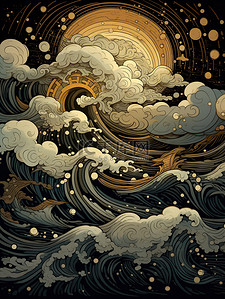 月亮云嶷在夜空中的波浪中国风背景15