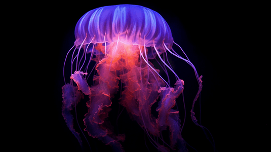 一只紫色水母漂浮在黑暗中