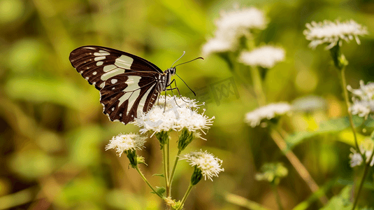 棕色和白色的蝴蝶栖息在棕色的植物上