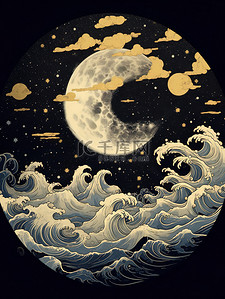 月亮云嶷在夜空中的波浪中国风背景8