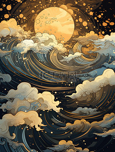月亮云嶷在夜空中的波浪中国风背景6