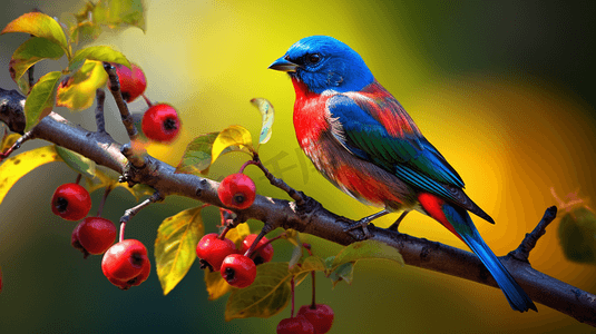 树枝上的红蓝鸟