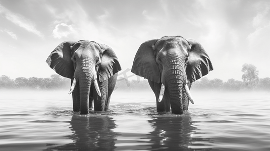 两头大象摄影照片_两头大象在水体上的灰度照片