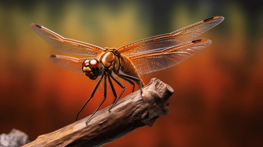 卡通日系动物摄影照片_棕色小树枝上的橙色和棕色蜻蜓