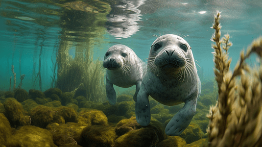 两只海豹在水下