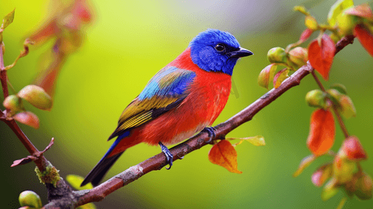 一只红蓝相间的鸟在树枝上