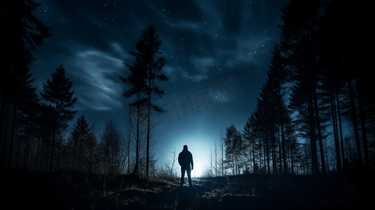 夜间站在森林上的人的剪影