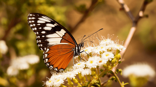 白色的蝴蝶摄影照片_棕色和白色的蝴蝶栖息在棕色的植物上