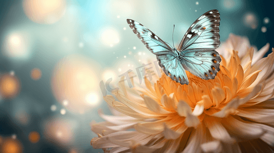 欧式蝴蝶花边摄影照片_一朵花上有一只蝴蝶的特写