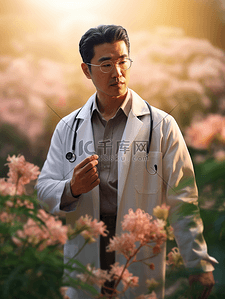 中国医师节站在花丛中的男医生背景11