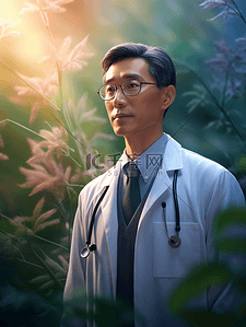 y医师节背景图片_中国医师节站在花丛中的男医生背景20