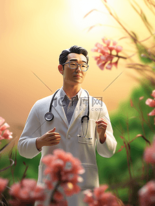 中国医生节背景图片_中国医师节花丛中的卡通男医生背景5
