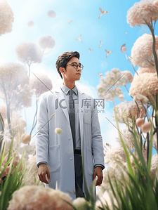 中国医师节站在花丛中的男医生背景8