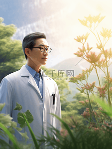 中国医生节背景图片_中国医师节站在花丛中的男医生背景10