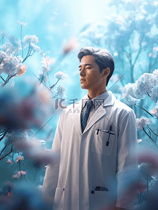 中国医师节站在花丛中的男医生背景9