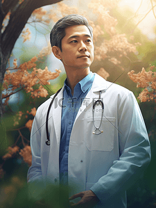 中国医师节站在花丛中的男医生背景1