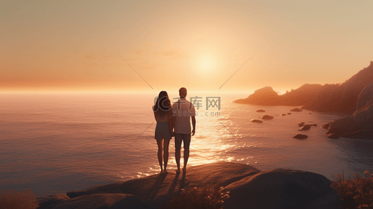 情侣拍照板背景图片_唯美夕阳下沙滩上的情侣背景4