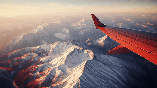 红白相间的飞机机翼飞过白雪覆盖的山脉