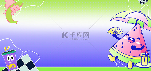 卡通香蕉背景图片_夏日多巴胺西瓜伞蓝绿色卡通banner