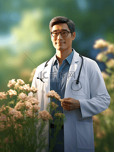 中国医师节站在花丛中的男医生背景16