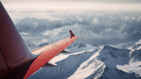 红白相间的飞机机翼飞过白雪覆盖的山脉