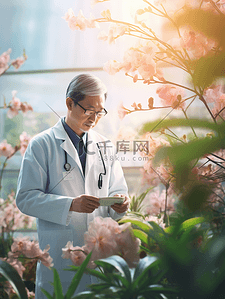 y医师节背景图片_中国医师节站在花丛中的男医生背景13