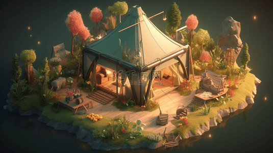 彩色3D立体梦幻花园小屋模型背景6