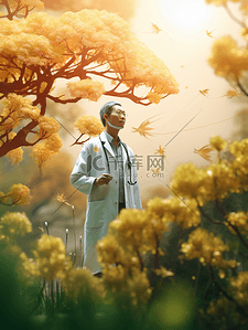 y医师节背景图片_中国医师节站在花丛中的男医生背景6
