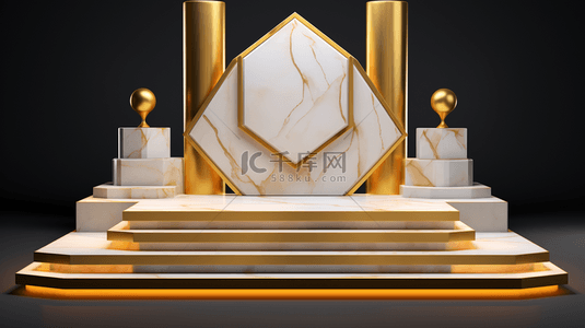 征文颁奖背景图片_豪华金色讲台大理石，搭配棕色背景。逼真的3D矢量插画。