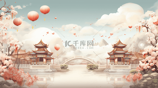 花瓣中国背景图片_中国风淡雅花瓣古建筑背景14