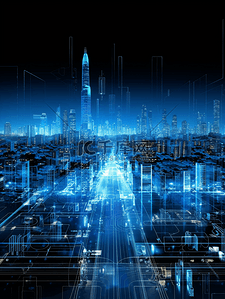 科技高楼背景图片_蓝色科技感城市光感建筑背景5