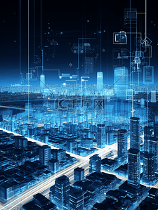 3D立体蓝色科技感光感城市建筑背景14