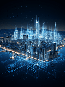 3D立体蓝色科技感光感城市建筑背景3