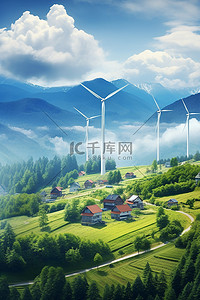 风车背景图片_环保节能风力发电机绿色乡村背景